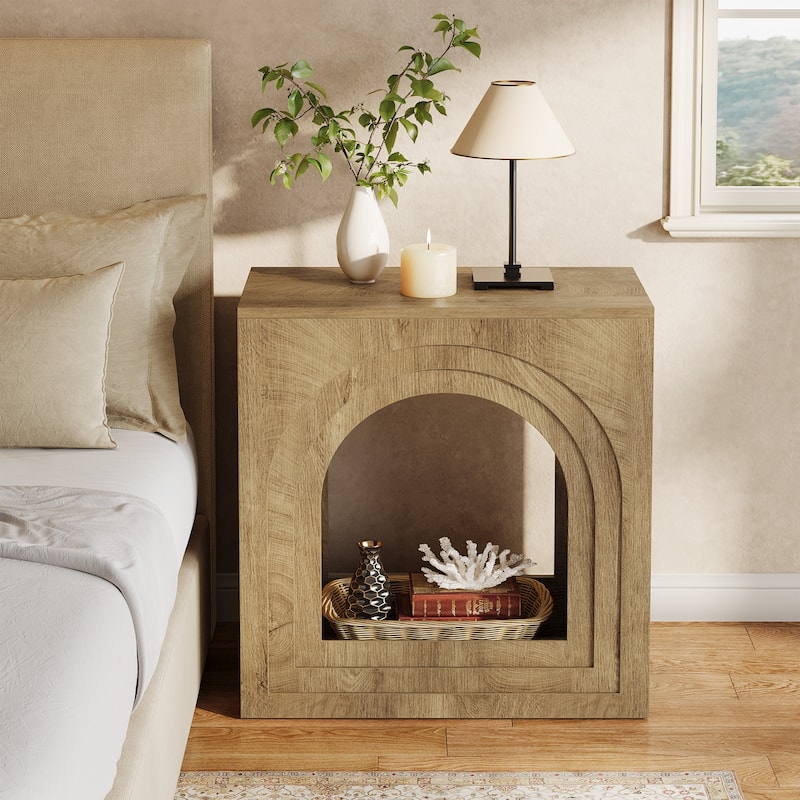 Square End Table, 2-Tier Accent Side Table with Open Shelf, Arched Nightstand for Living Room, Bedroom