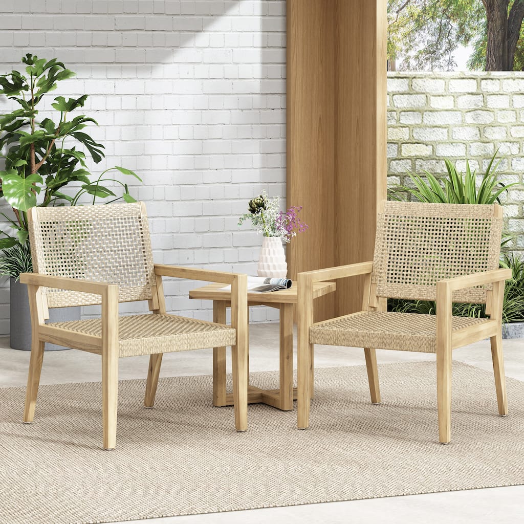 Roomfitters Set of 2 Outdoor Wicker and Acacia Wood Club Chairs with Cushions for Patio Seating, Natural