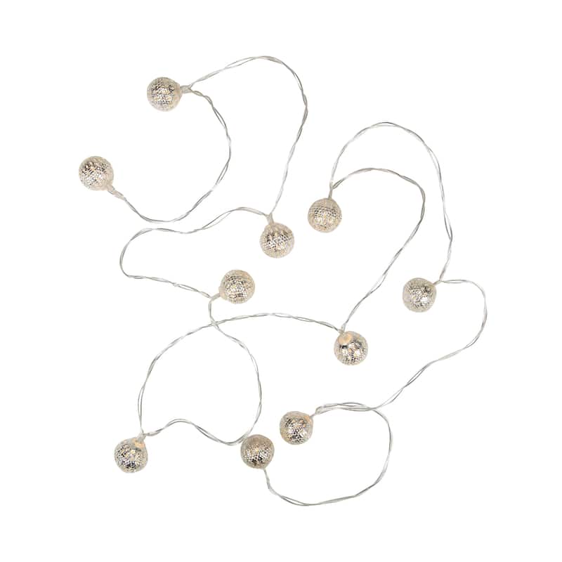 10 B/O LED White Silver Ball Christmas Lights - 6.25 ft Clear Wire