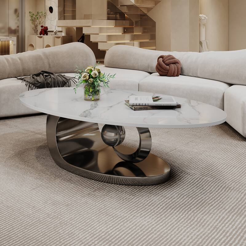 Modern Coffee Table Fish Belly White Marble Coffee Table Stainless Steel Base and Adjustable Feet, for Living Room