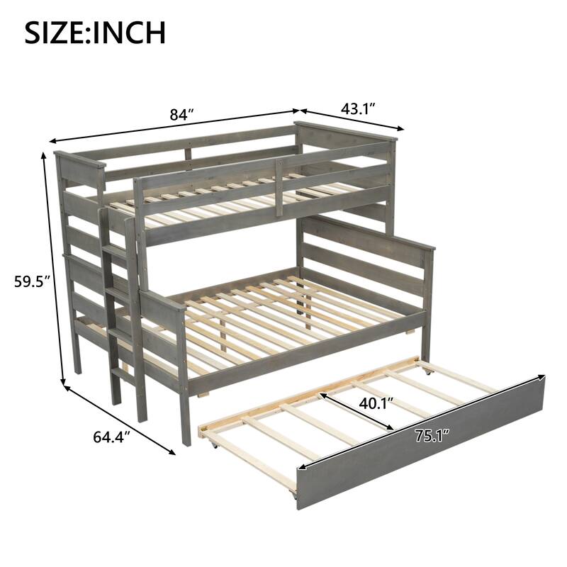 Wood Twin over Full Bunk Bed with Twin Size Trundle and Guard Rails