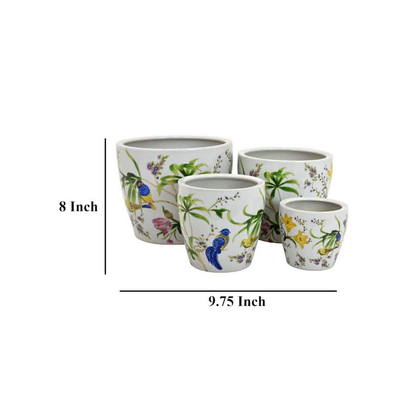 Kerry Planter Pot Set of 4, Floral Bird Pattern, White Green Ceramic