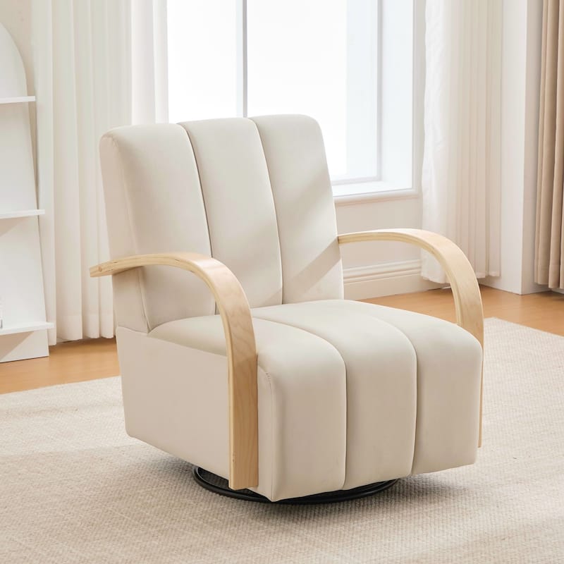 Modern Upholstered 360° Swivel Accent Chair with Solid Wood Armrests and Comfy Lounge Reading Chair, Single Sofa Armchair