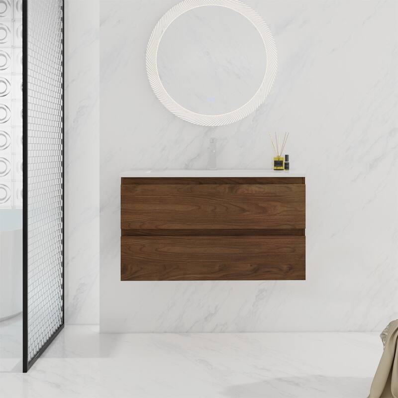 BNK 24"/30"/36'' Single Sink Bathroom Vanity with Two Soft Close Drawers - 35.9''W×18.3''D×20.5''H - Brown Oak
