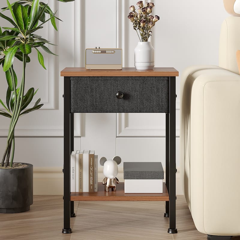 VECELO X Frame Nightstand with Removable Fabric Drawer Easy to Clean Nightstand Multifunctional End Table with Open Shelf