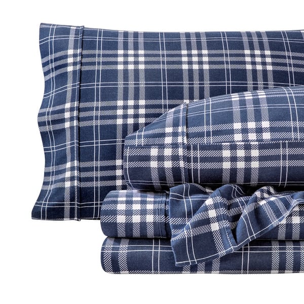 slide 2 of 5, Bare Home Cotton Flannel Sheet Set - Velvety Soft Heavyweight California King - Stirling Plaid - Blue/White
