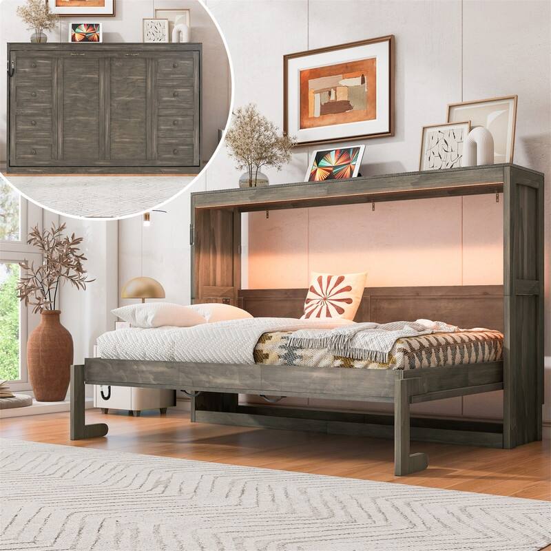 Twin Size Murphy Bed with LED Light, can be Folded into a Cabinet, Solid Wood Murphy Cabinet Bed,Space Saving Design