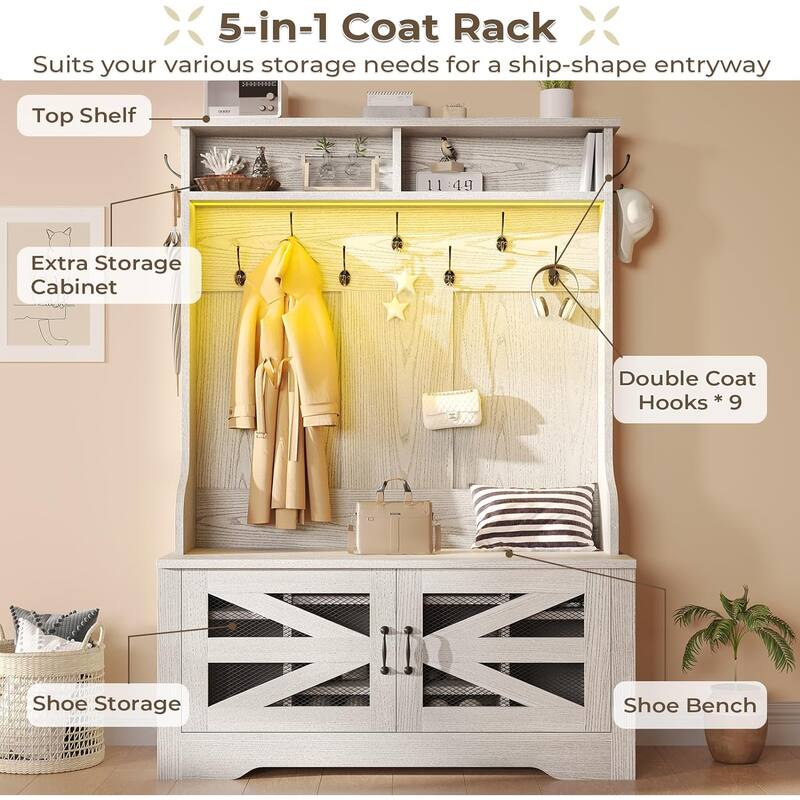 Hall Tree w/ Bench Shoe Storage Shoe Cubby Barn Door Adjustable Shelf
