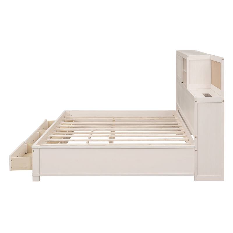 Full Size Wooden Daybed with Storage Drawers, USB Ports, and Soft Headboard in White/Gray/Walnut