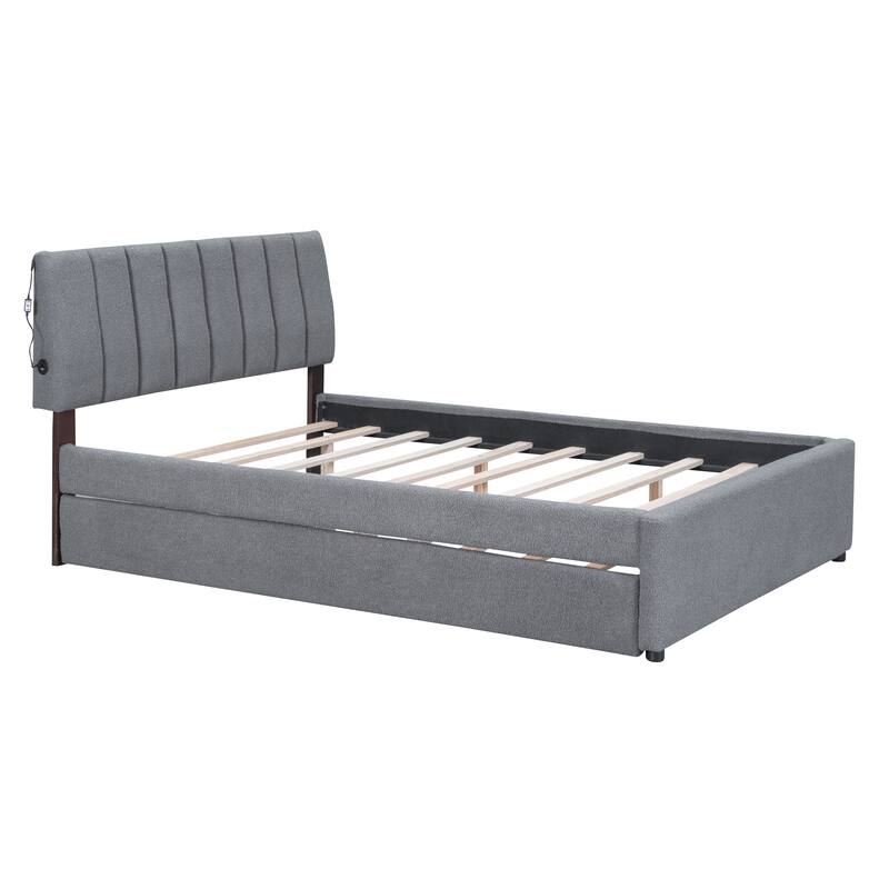 Full/Queen/Twin Teddy Fleece Upholstered Platform Bed with Trundle, LED Lighting, and Storage, Durable Frame, Beige/Grey