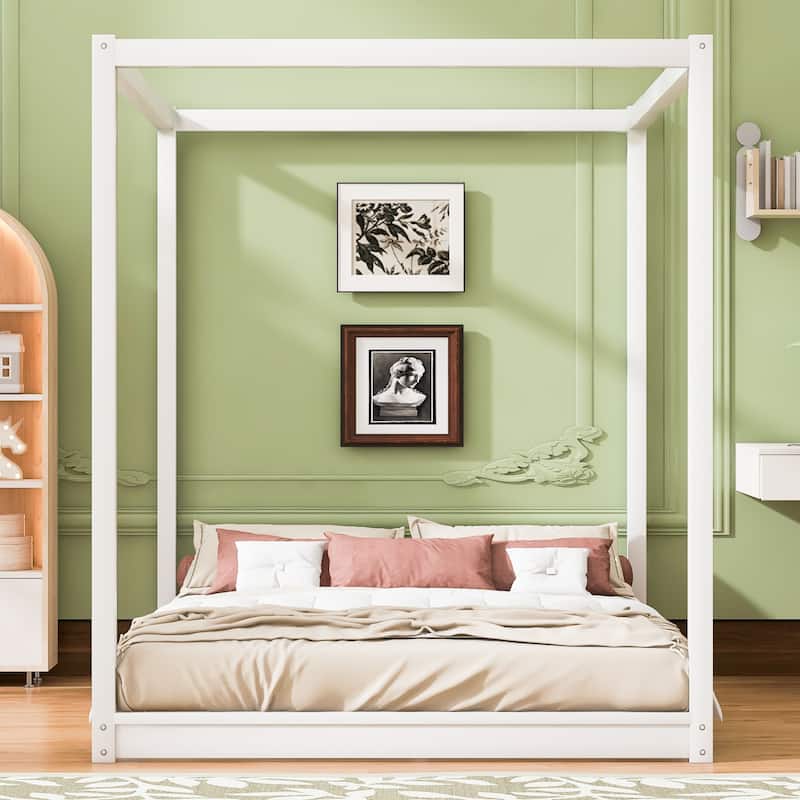 Queen Size Canopy Platform Bed with Support Legs in White, Sturdy Pine Wood and MDF Design