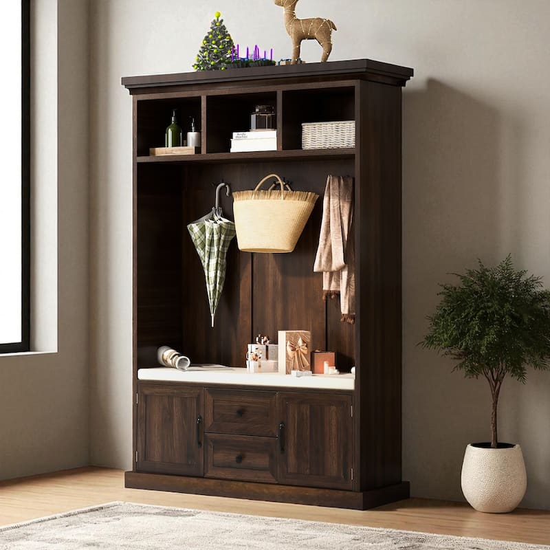 47.2" Hall Tree with Cushion Bench, 3 Hooks, 2 Drawers & 2 Cabinets, Entryway Coat Rack Storage Organizer - Brown