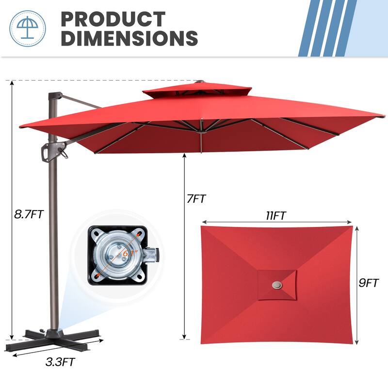 11 × 9 ft Outdoor Patio Cantilever Offset Dual Top Umbrella