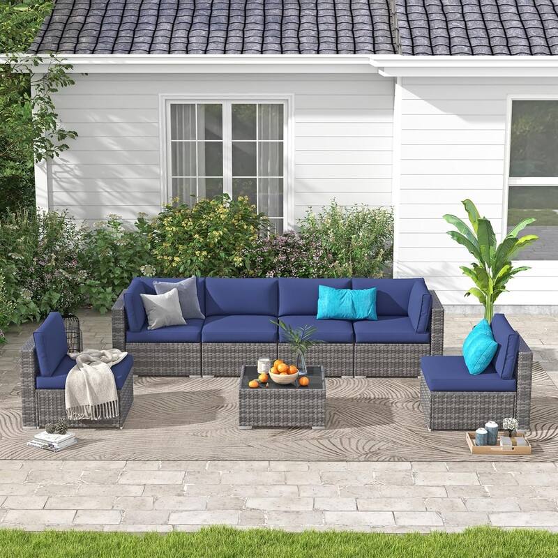 7 Pieces Patio Furniture Set, Outdoor Sectional Conversation Wicker Rattan Sofa Couch with Glass Table and Cushions, 7 PCS, Blue - Blue