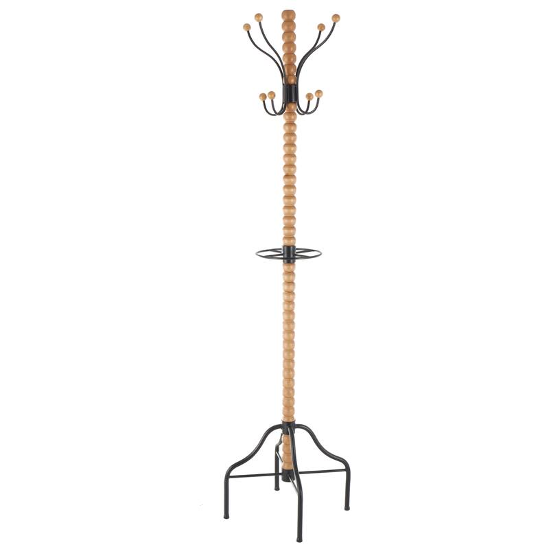 Wood Spindle 8 Hook Coat Rack with Black Metal Accents and Beaded Ends - Brown - Roche River Decor
