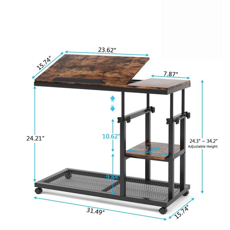 32"W Adjustable C-Shaped End Table with Wheels & Tilting Top,with Side Pocket & Storage Shelf,Rolling Overbed Couch Tray Table