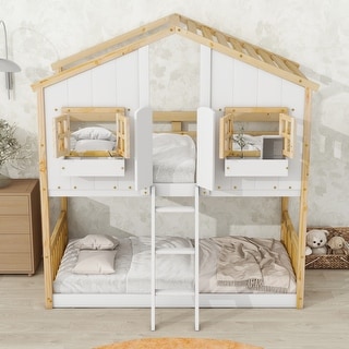 Unique Design Wood House Roof bunk Bed,Low Height Design Twin over Twin House Bunk Kid's Bed