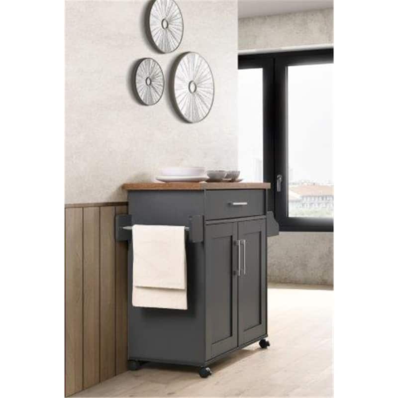 Kitchen Island Cart with Spice Rack & Storage - Grey Oak Kitchen Island with Drawer & Cabinet