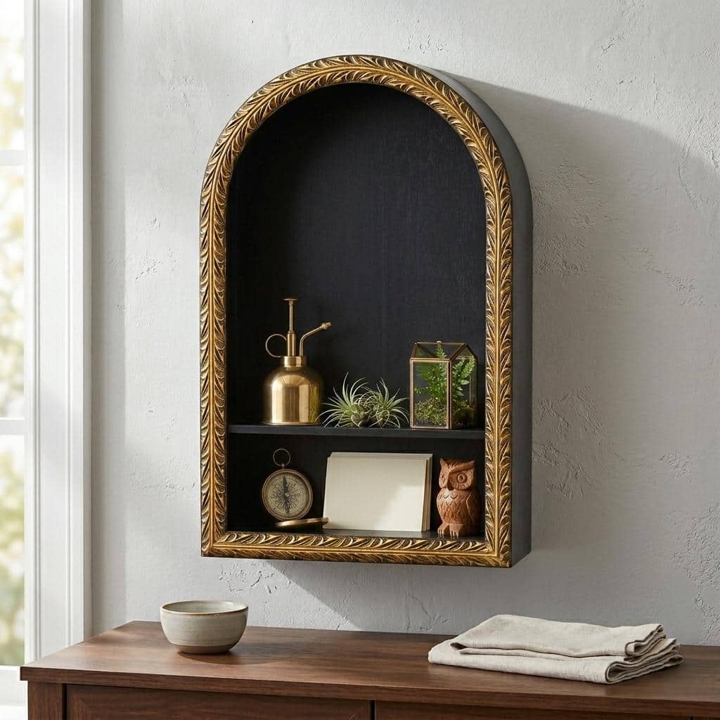 Mireza Ornate Framed Black & Gold 2 Tier Wooden Wall Shelf - N/A