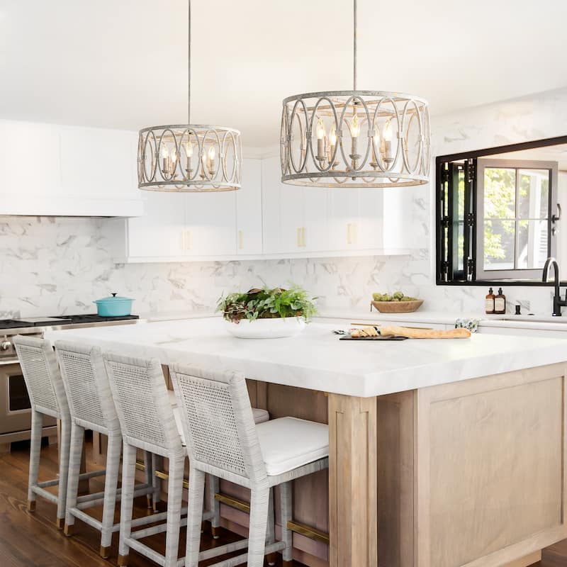 5-Light Industrial Antique White Geometric Drum Chandelier for Dining Room - 19.6 in. W x 11 in. H
