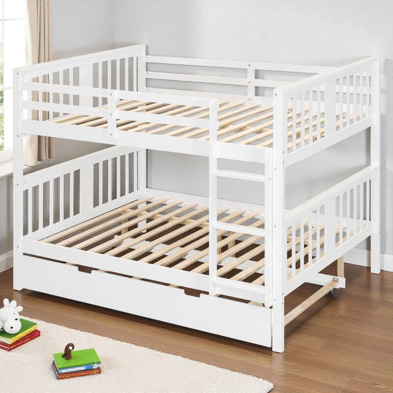 Full over Full Wood Bunk Bed with Storage Drawers and Ladder, Convertible Beds with Guardrails for Bedroom or Guest Room