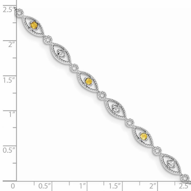 Curata 925 Sterling Silver Textured Polished Open back Lobster Claw Closure Citrine Diamond Bracelet