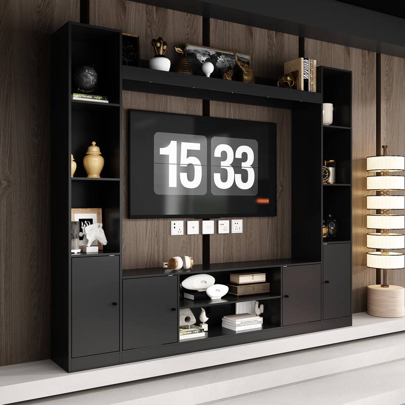 Media Console w/Fireplace Niche Contemporary Living Room Furniture - Black Entertainment Unit Only