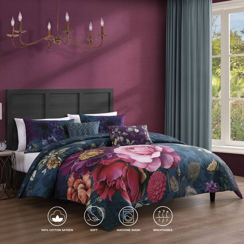 Bebejan Vibrant Flora 100% Cotton Sateen 5 Piece Reversible Comforter Set