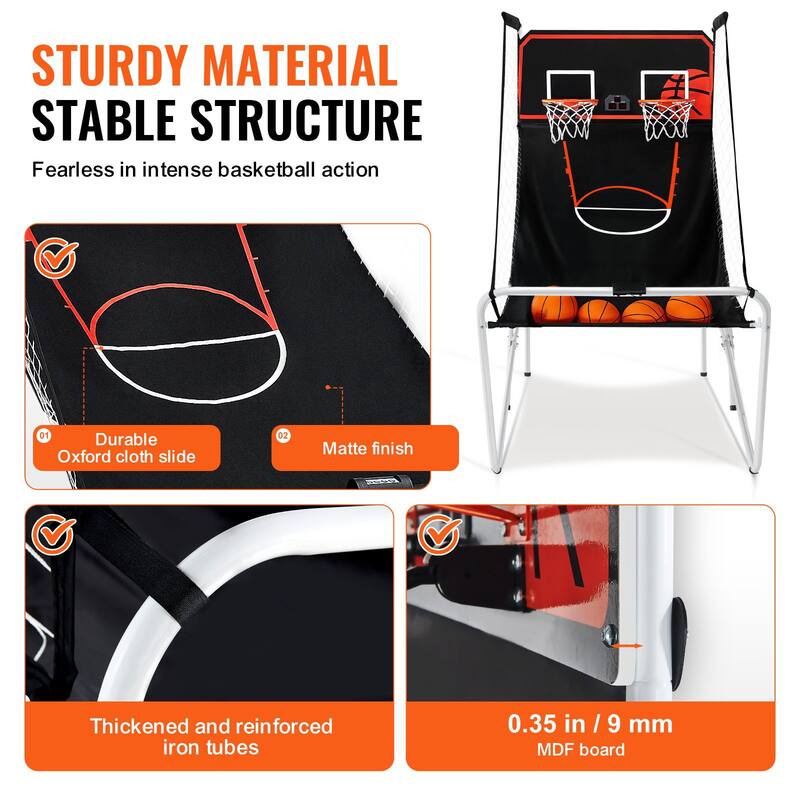 Black-White Steel Dual Hoop Basketball Arcade Game with 8 Games and Foldable Frame - 82” L x 44” W x 81” H