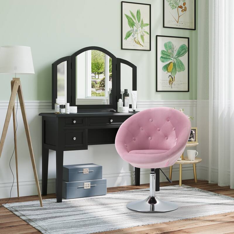 Pink Modern 26" 360° Swivel Adjustable Buttons Tufted Accent Chair with Chrome Frame