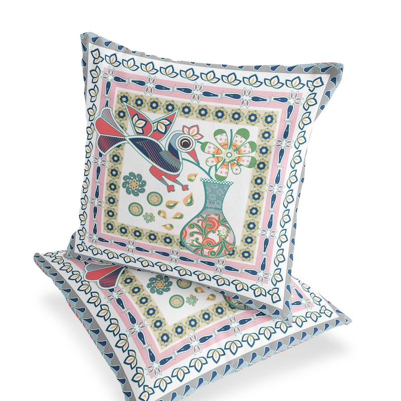 HomeRoots Set of Two 16" X 16" Pink and White Peacock Blown Seam Floral Indoor Outdoor Throw Pillow - 16.00' X '16.00' X '5.00