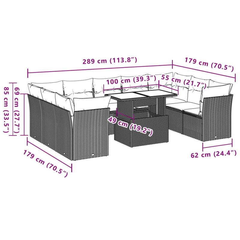 vidaXL Patio Sofa Set with Cushions Outdoor Furniture 10 Piece Poly Rattan - 21.7 x 39.4 x 28.7 in