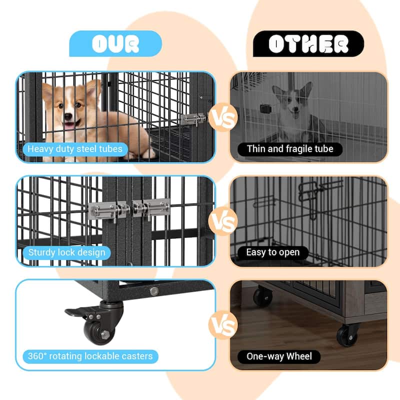 Heavy Duty Dog Crate, Escape-Proof Steel Kennel with Locking Wheels - N/A