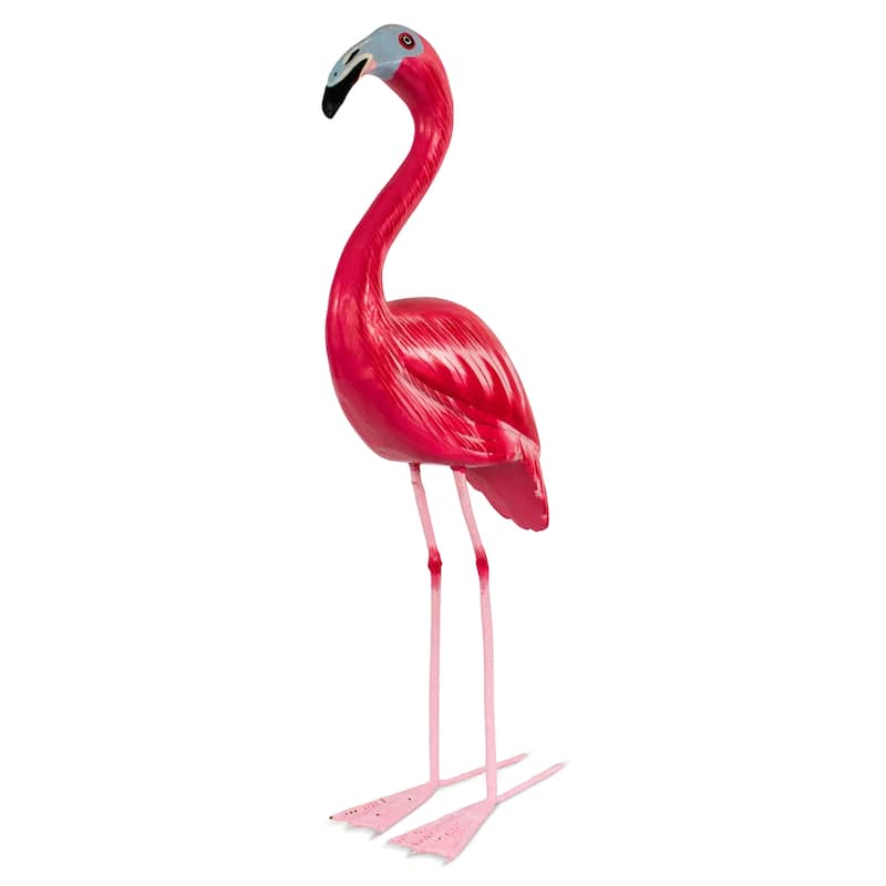Wood Flamingo Figurine Hand Carved Tropical Bird Sculpture, Coastal Summer Decor - 9" tall x 3.3" wide x 2" deep