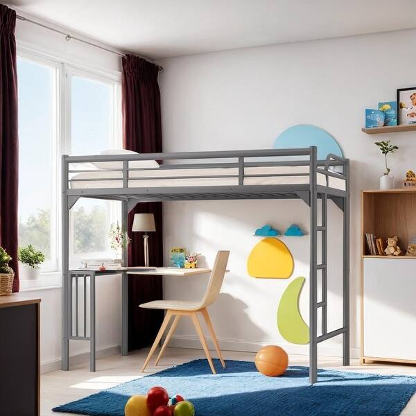 slide 2 of 8, Modern Twin Metal Loft Bed with Desk, Ladder and Guardrails, Bookdesk under bed, Sturdy Construction & Safety Guaranteed, Grey Grey