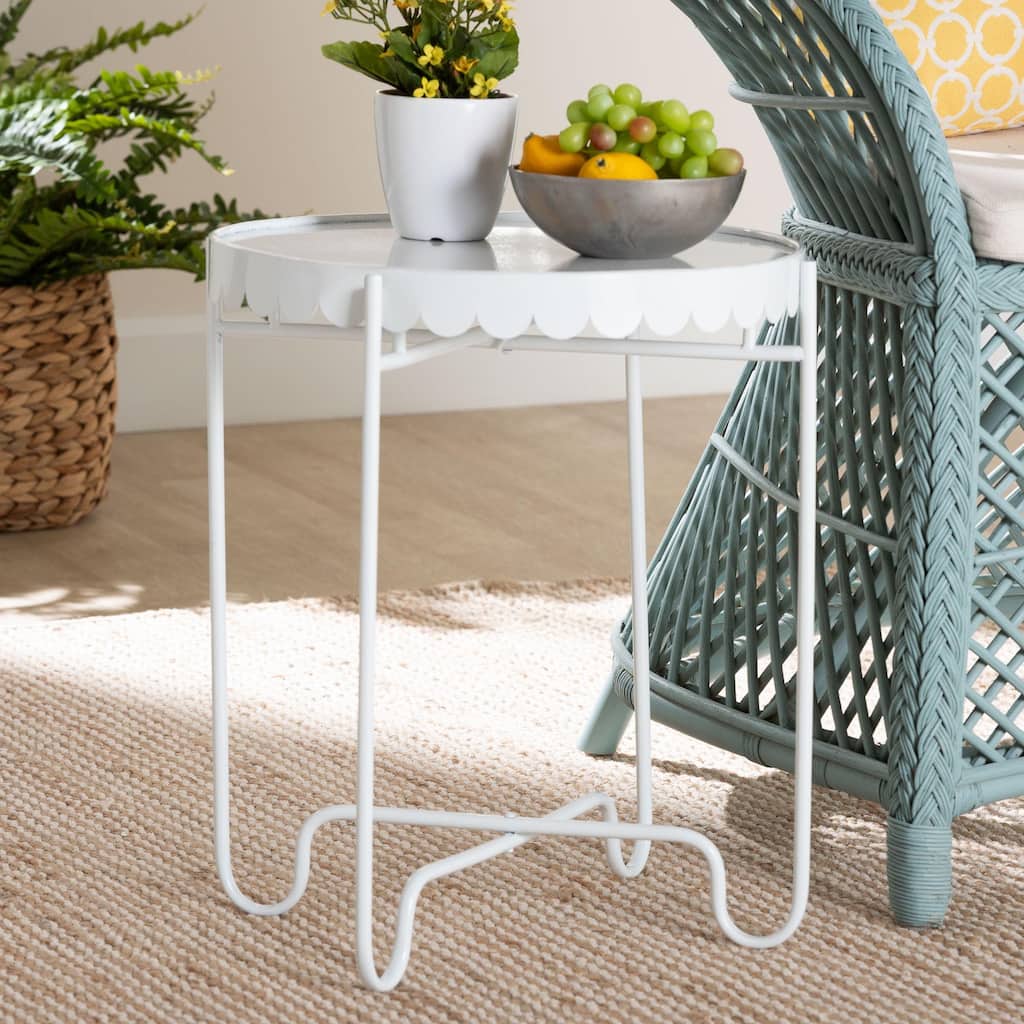 Laverne Metal Side Table with Scalloped Tray Top - Round Accent Table with Decorative Base for Indoor or Semi-Outdoor Use