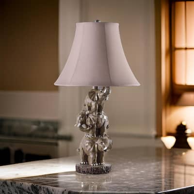 21 Inch Accent Table Lamp, 3 Stacked Elephants, Linen Bell Shade Brown Gray