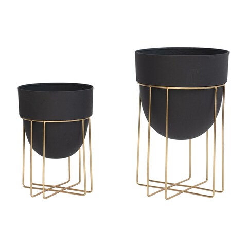 Metal Planters with Gold Finish Stands, Set of 2