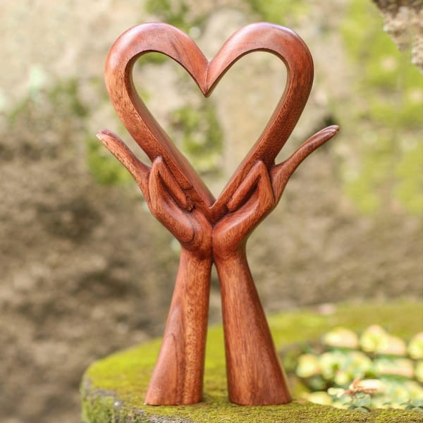 Hand Carved Natural Suar Wood Heart Statuette - Two Loves in Brown