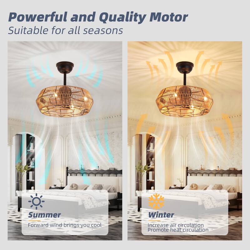 19 in. Rattan Indoor Ceiling Fan with Lights, 6-Speed Remote Control and DC Motor for Small Bedroom