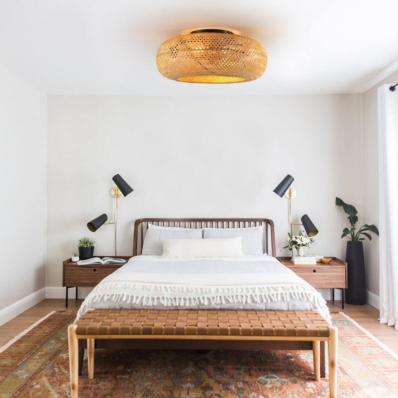 19" Rattan Ceiling Fan with 4 Bulbs, Dimmable, Remote Control,7 Blades, Reversible DC Motor - Yellow Brown