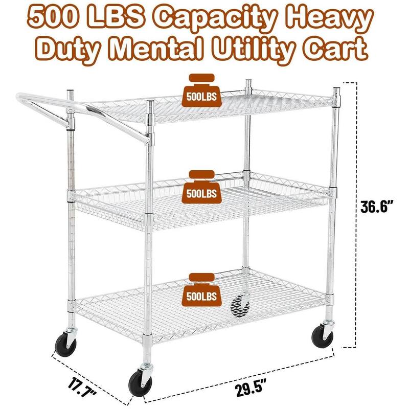 3 or 2-Tier Commercial Grade Rolling Service Kitchen Cart for Home and Office Use - N/A