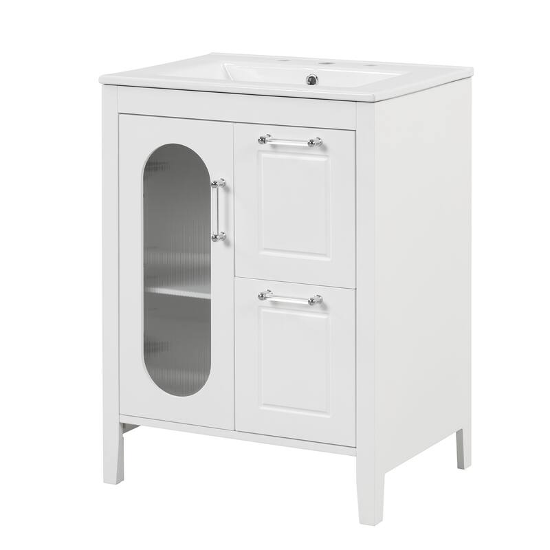 24" Black Bathroom Vanity with Sink - Solid Wood & MDF, Moru Glass Door, 2 Drawers, Adjustable Shelf