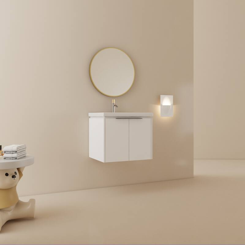 Wall Mounted Bathroom Vanity with Ceramic Basin, Soft Closing Doors, and Metal Handles for Modern Bathroom Storage - White