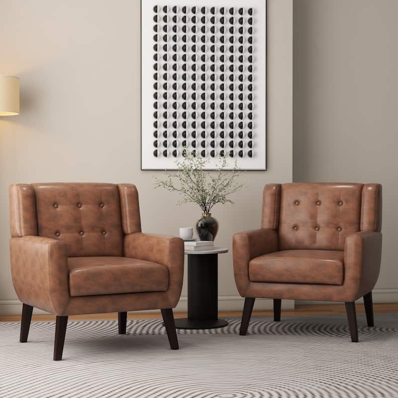 Modern Upholstered Faux Leather Tufted Armchair Linen Accent Chairs