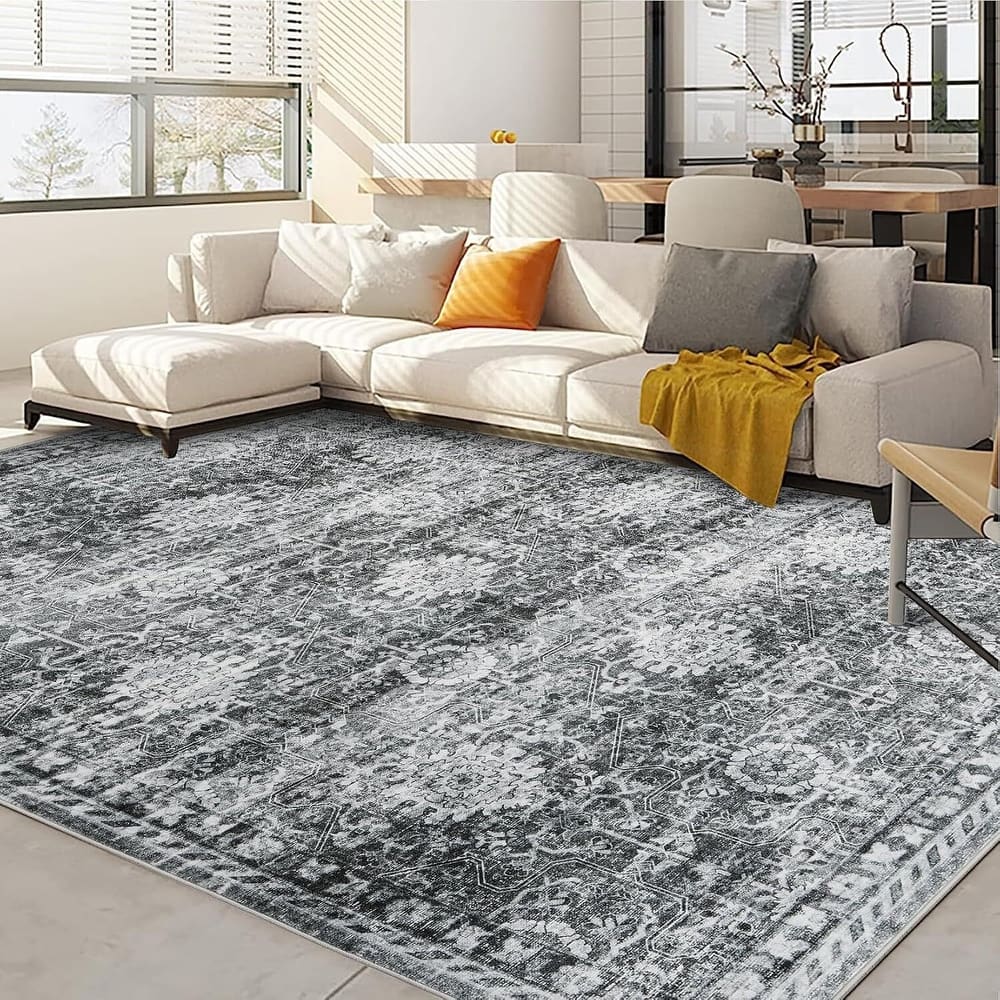 Vintage Boho Washbale Floor Cover Area Rug for Bedroom, Living Room, Black + Grey - 1'6" x 2'6"