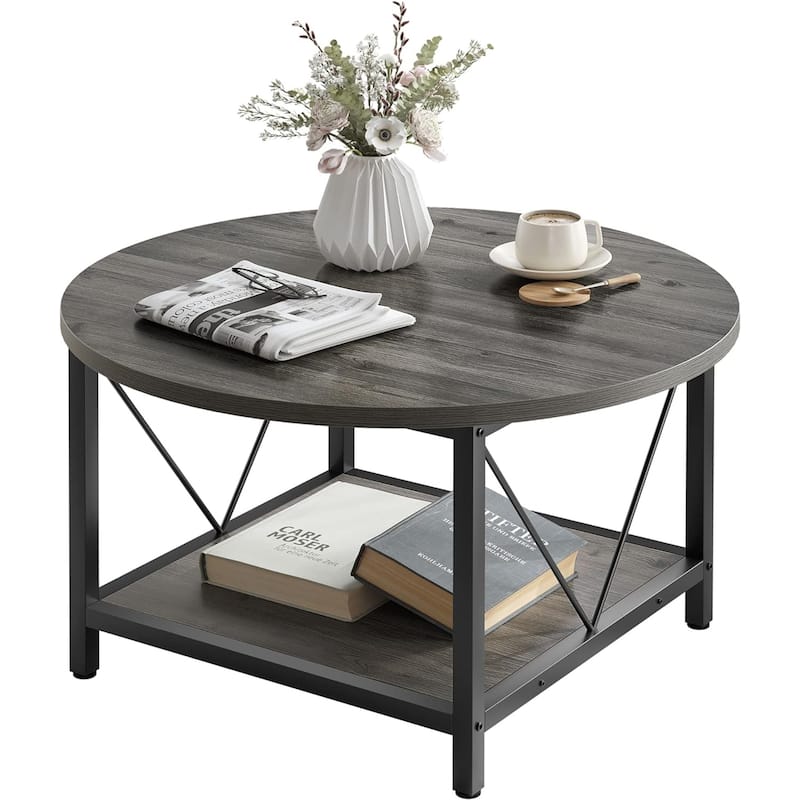 Moasis Industrial 2-Tier Round Coffee Table with Shelf