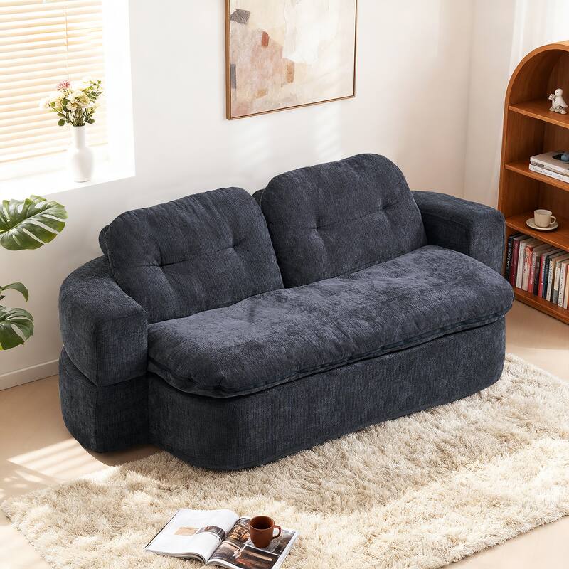 Chenille Folding Loveseat Sofa Convertible into Floor Sleeper Mattress - Black