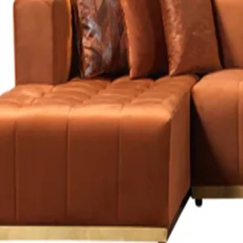 HomeRoots Orange Velvet U Shaped Three Piece Sofa and Chaise Sectional With Toss Pillows
