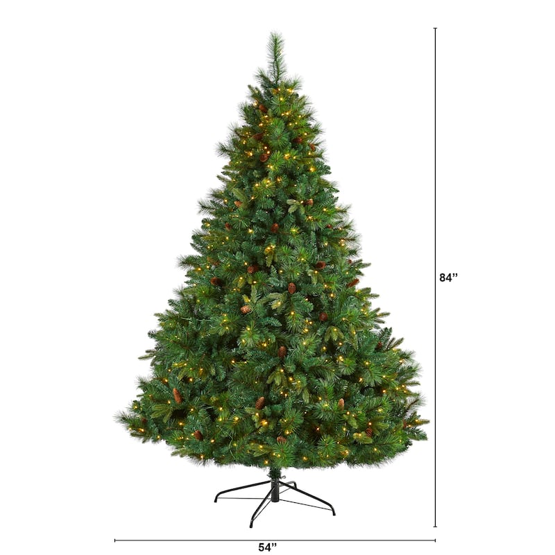 7ft Artificial Christmas Tree with Lights & Pine Cones - Full Bodied Holiday Decor, Indoor Tree - Green - 84